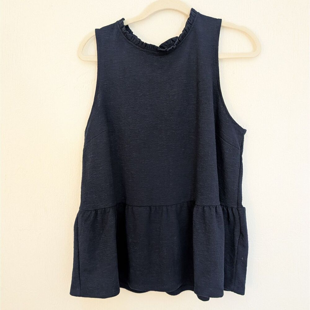 BANANA REPUBLIC FACTORY Navy High Neck Ruffle Collar Peplum Hem Knit Top Size L